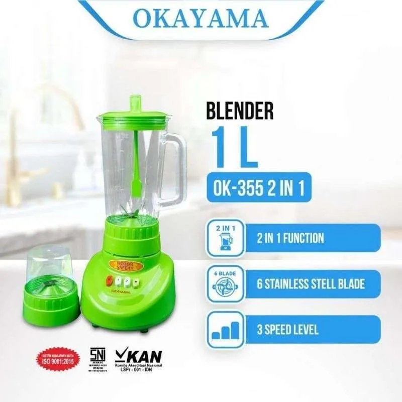 Blender 1 Liter Okayama 2 in 1 OK-355 / Blender Jus 1 Liter / Blender 2 in 1 Okayama Blender Plastik