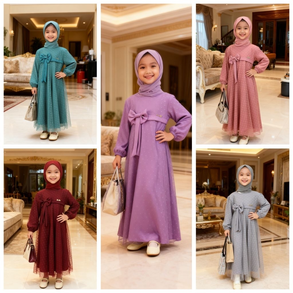 Attabee  Kids, Inara seris, baju gamis anak mewah, baju lebaran, bahan cringkel mix tile dot