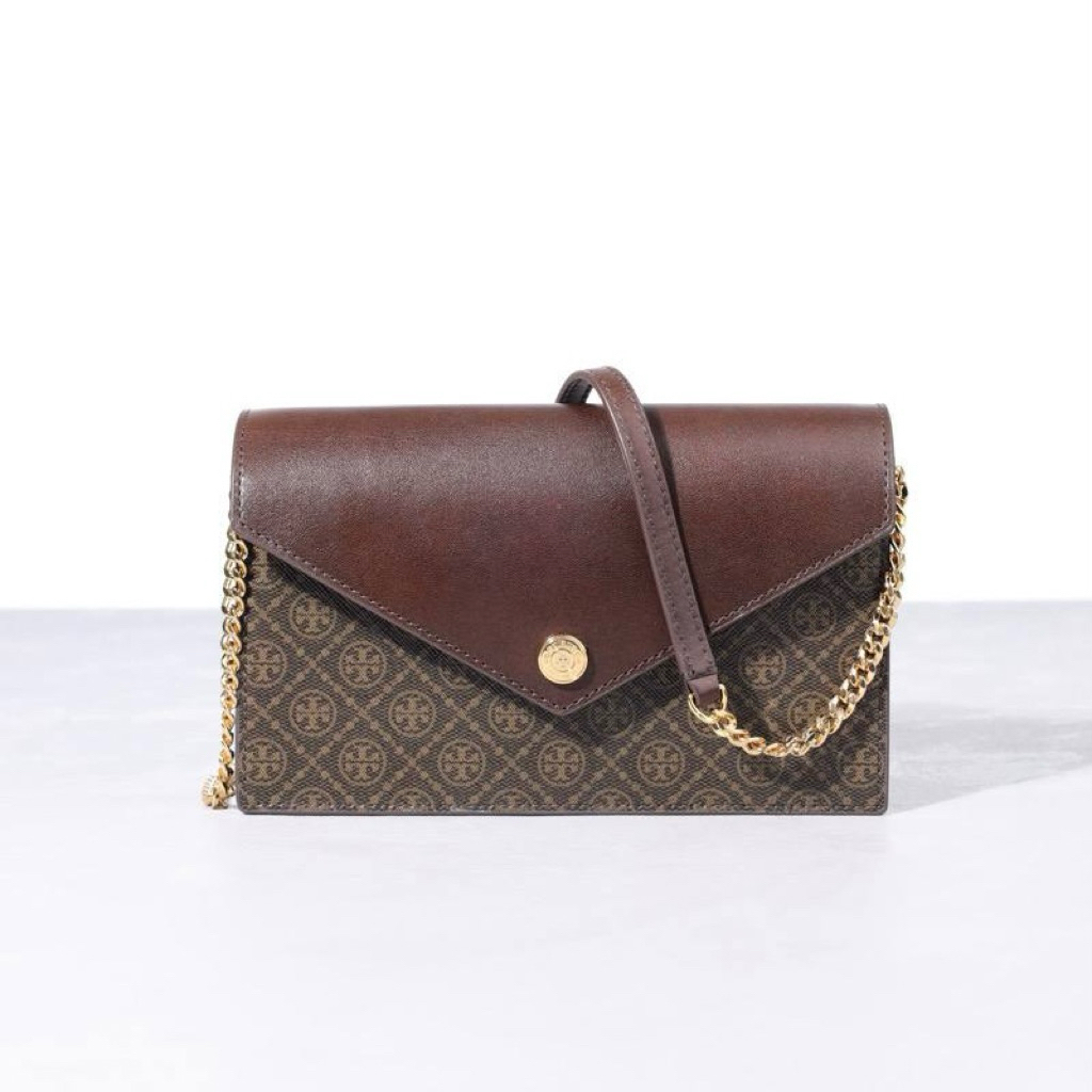TORY BURCH TB T Monogram Coated Canvas Envelope Wallet on Chain WOC Crossbody Bag