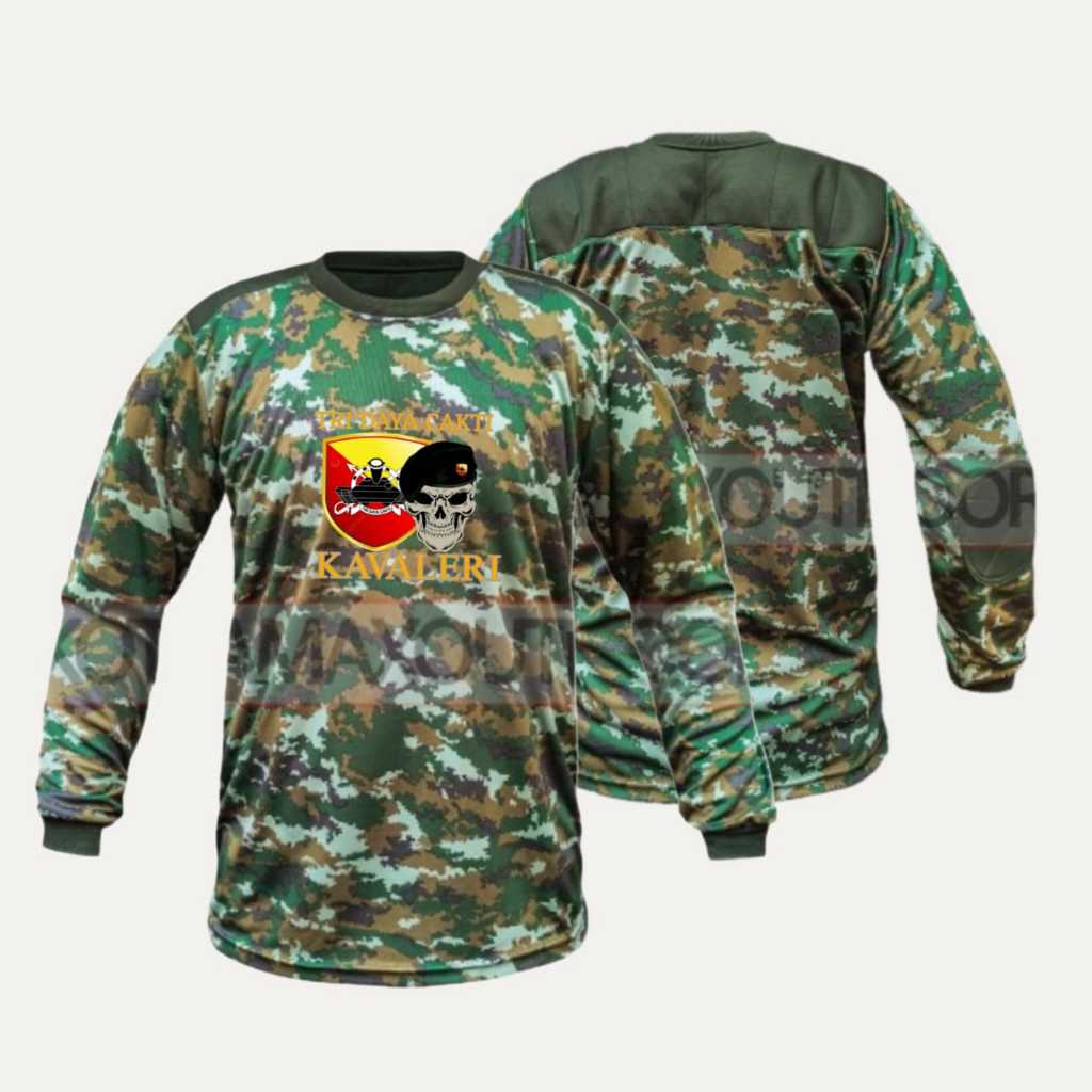 Kaos Loreng TNI Sage Green TRIDAYA CAKTI KAVALERI Lengan Panjang Bahan Dry Fit Siku dan Bahu Lapis S
