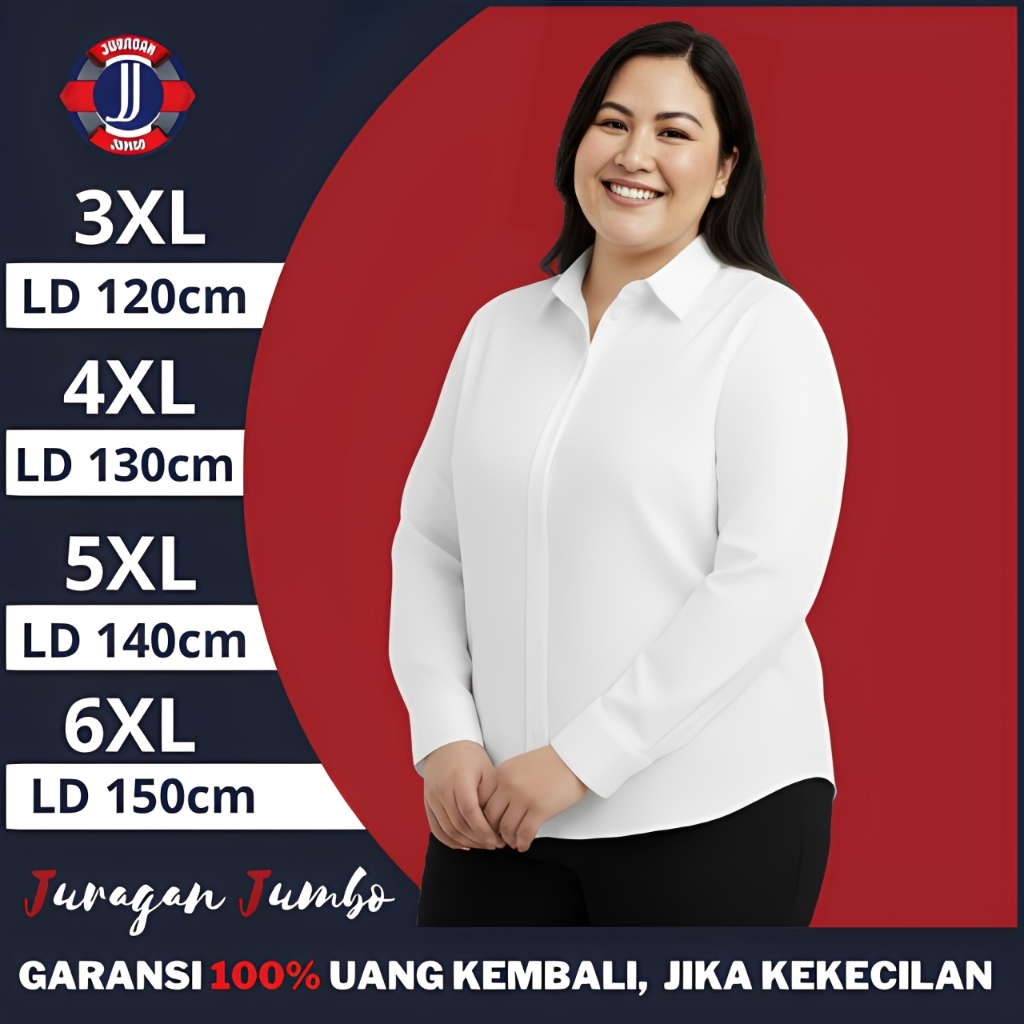 Kemeja Putih Wanita Jumbo LD 120 130 140 150 Lengan Panjang Polos Rayon Twill Premium