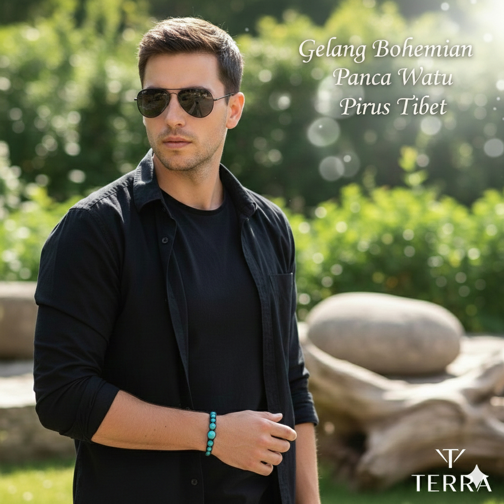GELANG BOHEMIAN BATU AKIK PIRUS TIBET 7 BUTIR