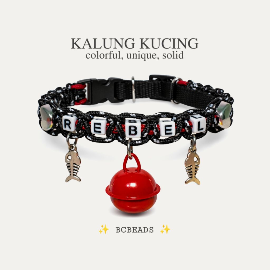 BCBEADS | Kalung Kucing Tali Prusik Hitam Merah bisa Custom Nama dengan Lonceng Merah Besar untuk Ku