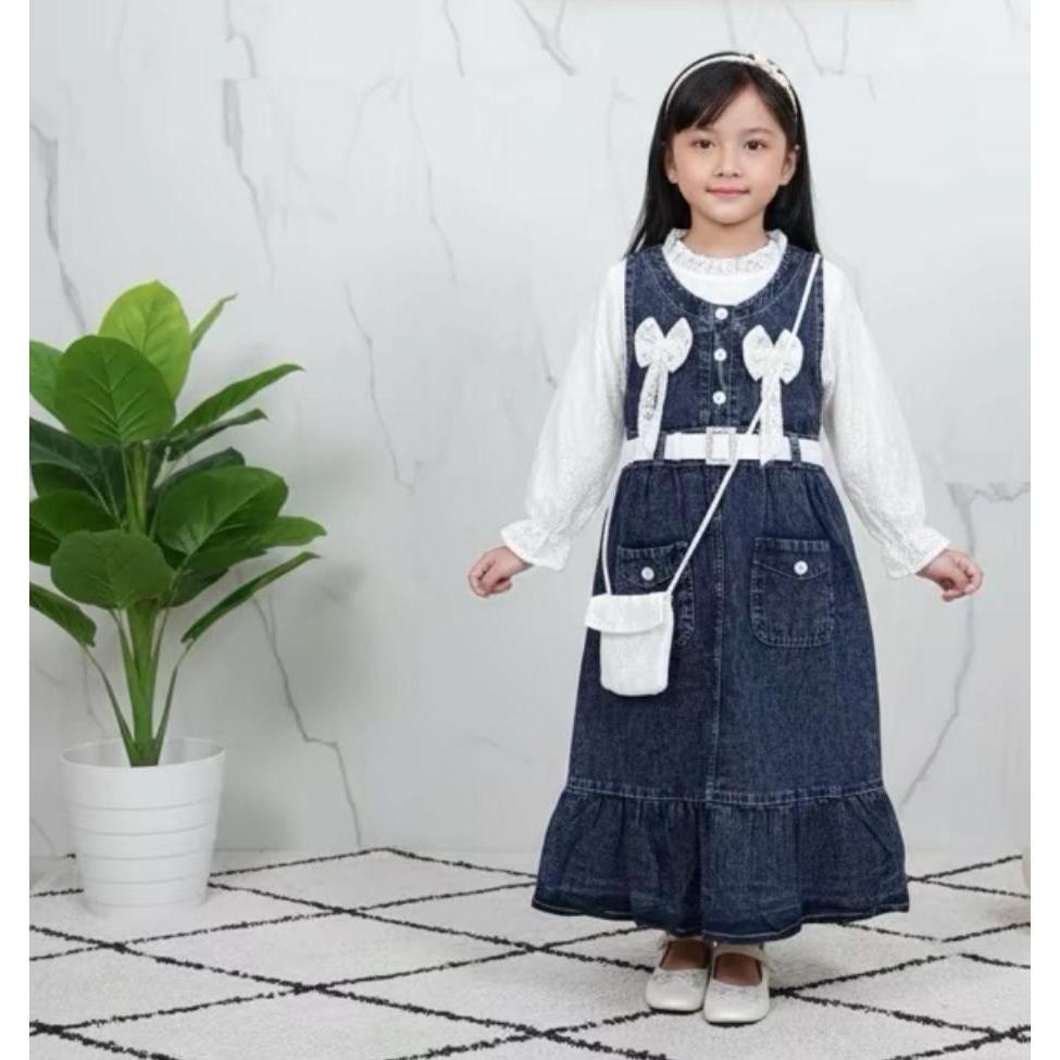 Gamis Levis jeans anak perempuan model terbaru 2025 free belt usia 3 - 10 tahun baju muslim anak per