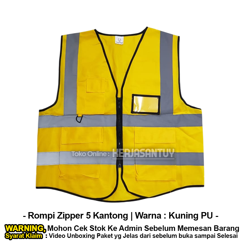Rompi Safety Kuning PU / Rompi Proyek Zipper Polyester 5 Kantong