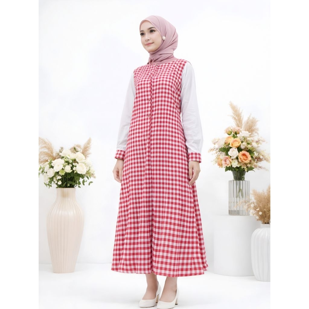 Dress Muslimah Kotak Kotak Panjang Wanita Hijab Casual Modern Nomura ro