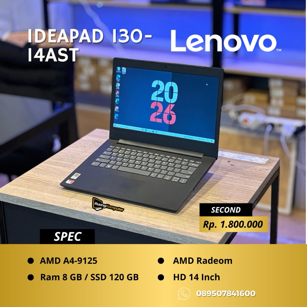 Laptop LENOVO IDEAPAD 130-14AST AMD A4-9125 RAM 8GB SSD 120GB HD 14 Inch Second Bergaransi