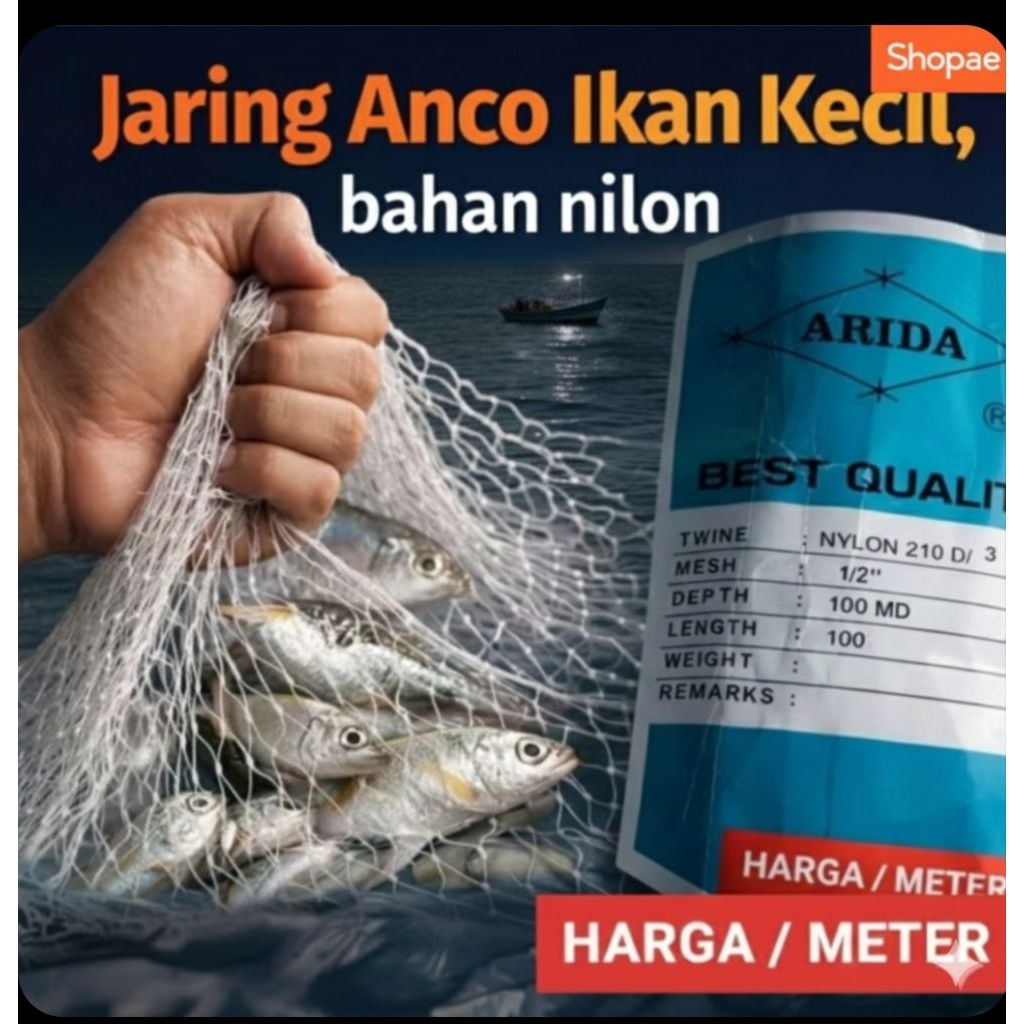 Jaring Anco Ikan Kecil ½ Inci – Bahan Nilon D3 | Jaring Jala / Arida Kuat & Awet