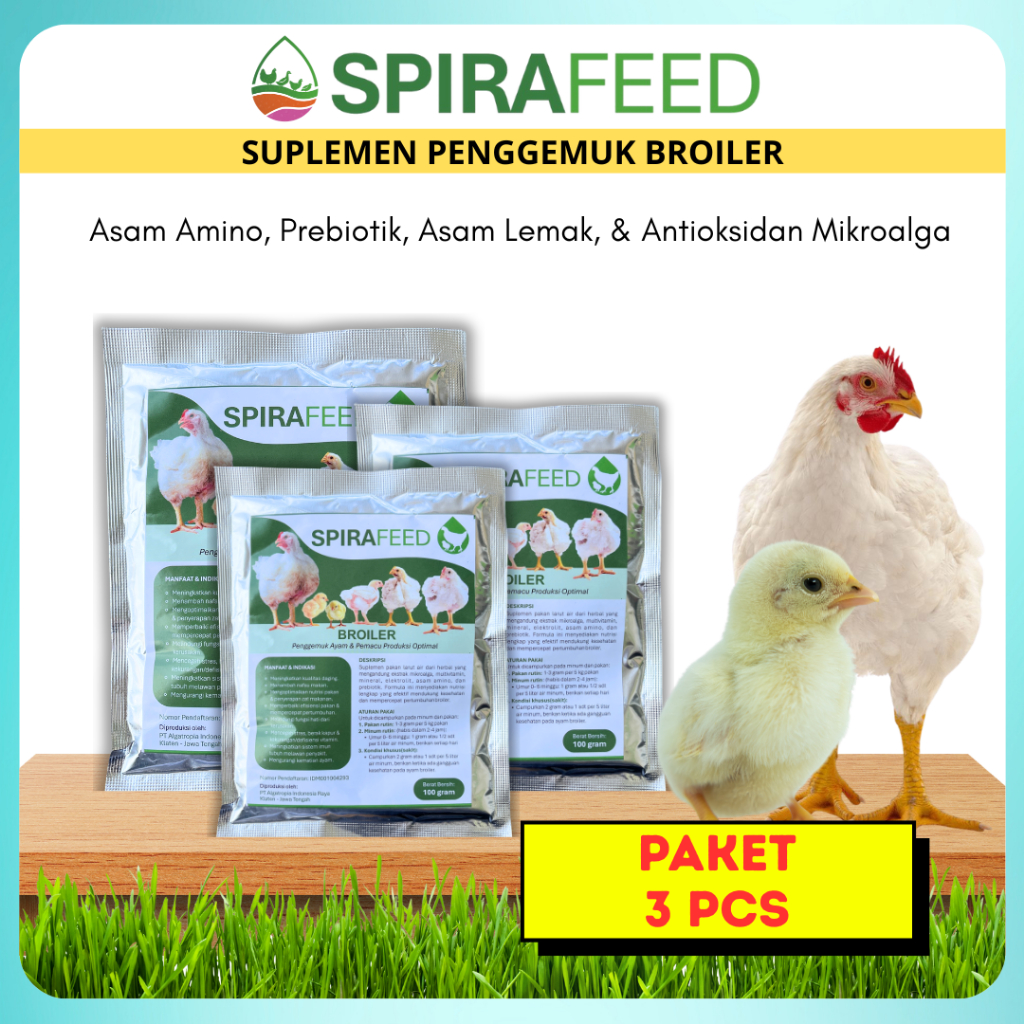 SPIRAFEED Broiler Suplemen Pakan Ayam Pedaging Larut Air | Penggemuk Ayam Broiler |  Paket 3 PCS
