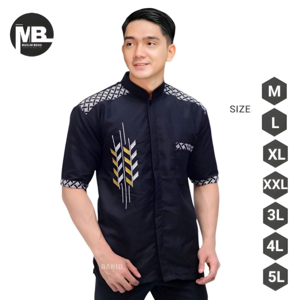Kemeja Koko Batik Bordir Pria Jumbo M-5XL Atasan Muslim Lengan Pendek Katun Adem Kerah Mandarin Mode