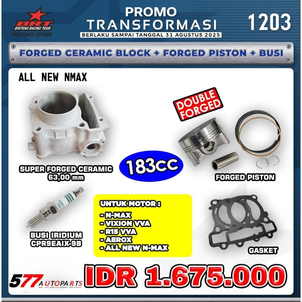 Paket BTR Bore Up Ceramic 63mm 183cc Nmax Old, Nmax New, Vixion Vva, R15 Vva, Aerox Old, Aerox New