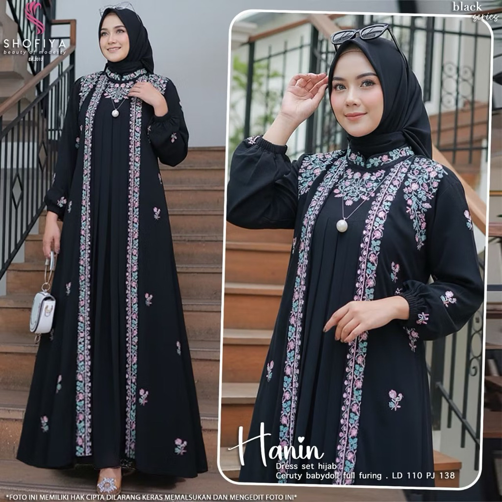 HANIN DRESS SET HIJAB ORIGINAL BY SHOFIYA gamis abaya maxy hitam baju lebaran hari rayya mewah elega