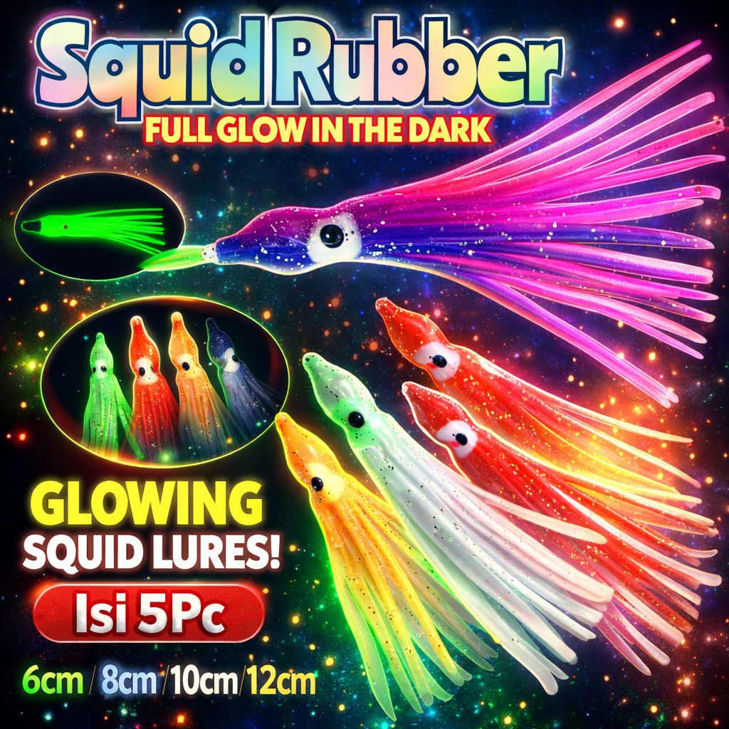 Squid Rubber Glow in the Dark | Umpan Pancing Cumi 6-12cm | 5pcs | Warna Cerah & Efek Terang di Mala