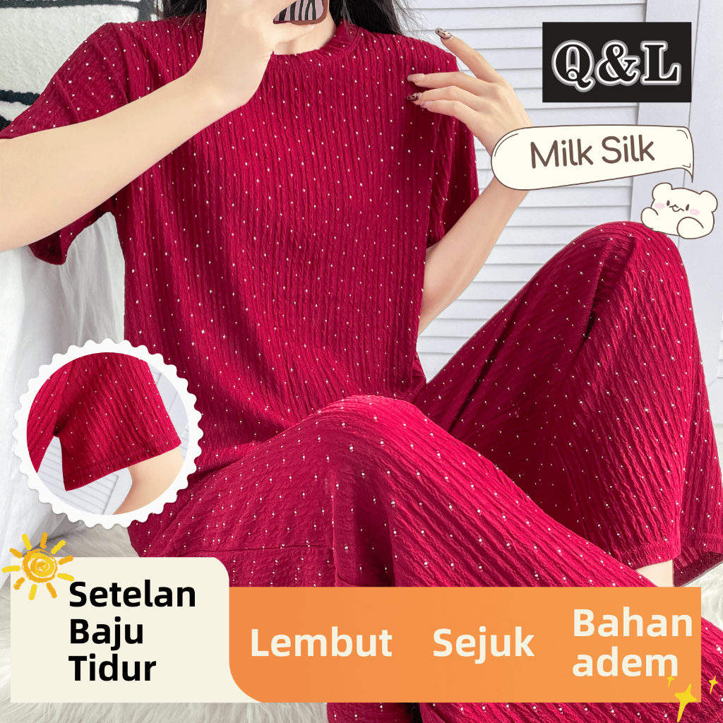 Q&L Baju Tidur Piyama Set Glitter Blink-Blink Premium Knit Tekstur Kulot Lebar Celana Panjang Elegan
