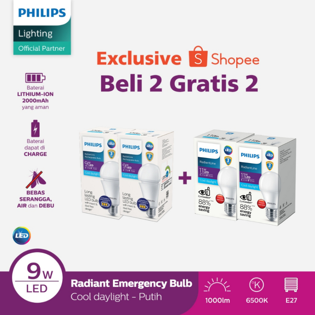 Philips Paket Beli 2 Lampu Emergency Radiantline Rechargeable 9W 6500k Putih Gratis 2 Lampu LED Bulb