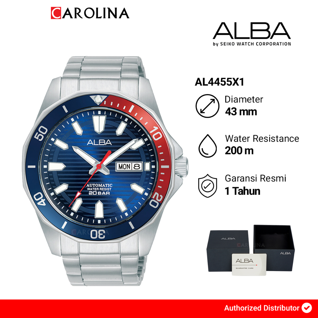 Jam Tangan Pria ALBA AL4455X1 Automatic Diver Blue Pattern Dial Blue Red Bezel Stainless Steel Strap