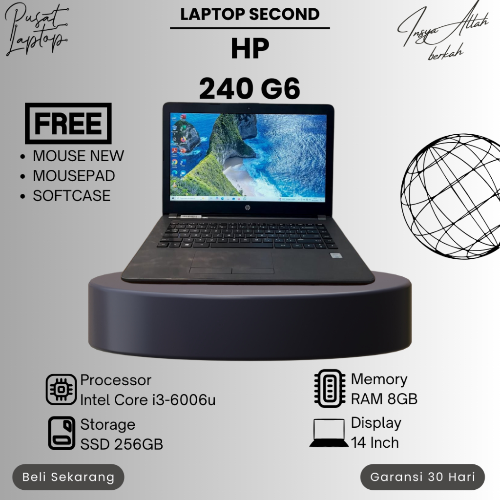 LAPTOP HP 240 G6 SECOND | INTEL CORE I3 GEN 6 | RAM 8GB | SSD 256GB | NORMAL | BERGARANSI