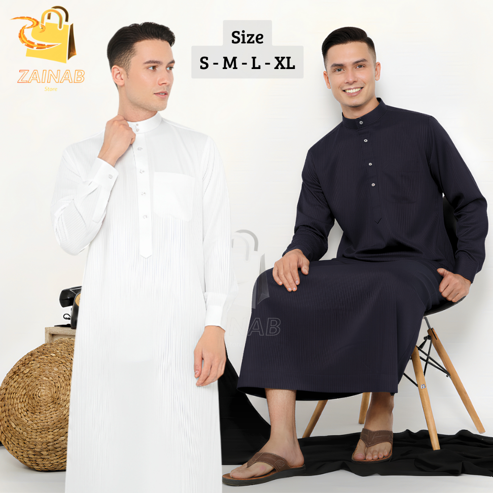 Baju Gamis Pria Jubah Cowok Lengan Panjang Manset Model Motif Emboss Garis Katun Valencia