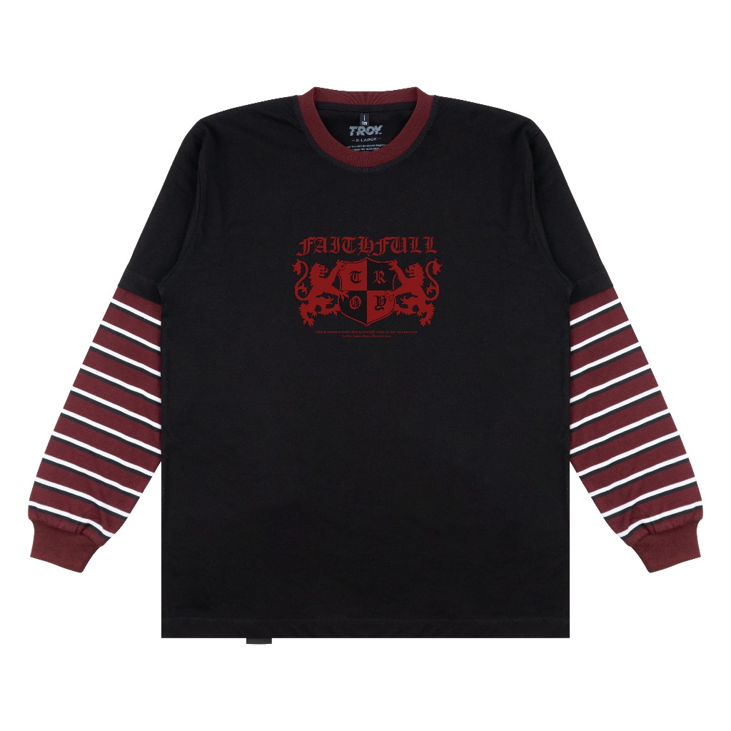 Troy Company Double Sleeve Longsleeve Tshirt Black Maroon Faithfull - Kaos Hitam Maroon Lengan Panjang DSD 3508