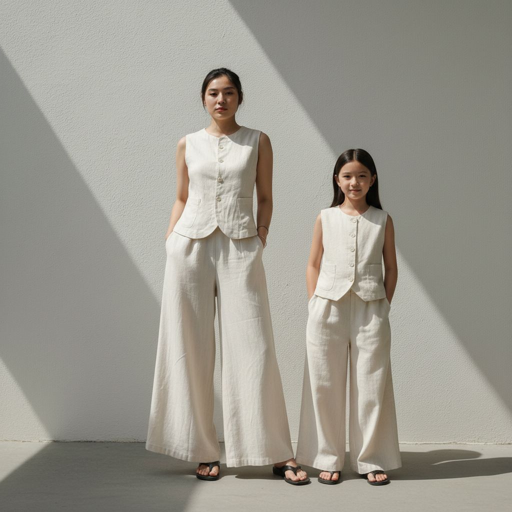 Setelan Couple Ibu Dan Anak Perempuan Vest Celana Kulot Linen Baju Santai Wanita Style Korea Palazzo