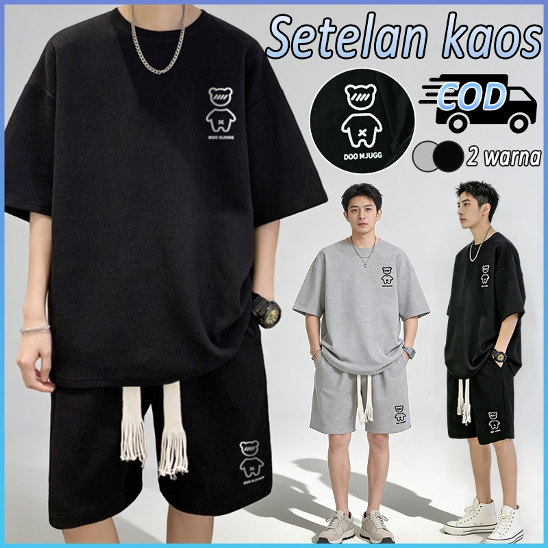 Setelan kaos pria Baju olahraga  Korea kaos oversize Waffle Set OOTD Korea Style Hitam/abu-abu M-3XL