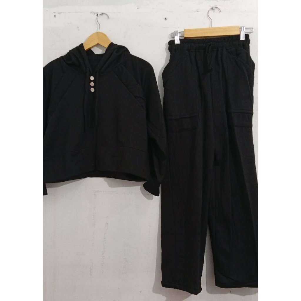 Set Olga Wanita Bahan Fleece warna Hitam