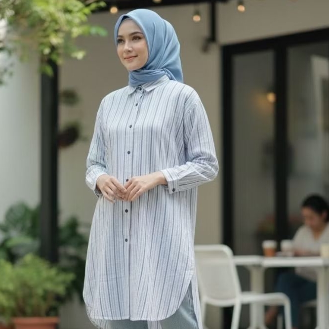 Tunik Kemeja Garis Biru Wanita - Atasan Muslimah Long Tunik Salur - Tunik Busui