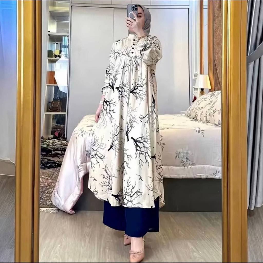 NIKITA One Set Tunik Wanita | Rayon Diamond A-Line | Kerah Shanghai | Kulot Crinkle Airflow