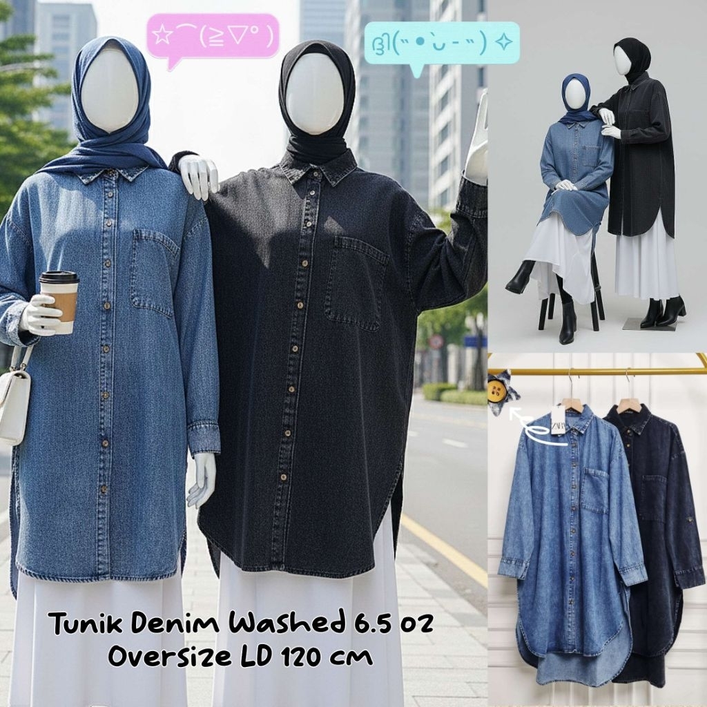 Tunik Denim Washed ketebalan 6,5 oz Oversize Jumbo LD 120 cm