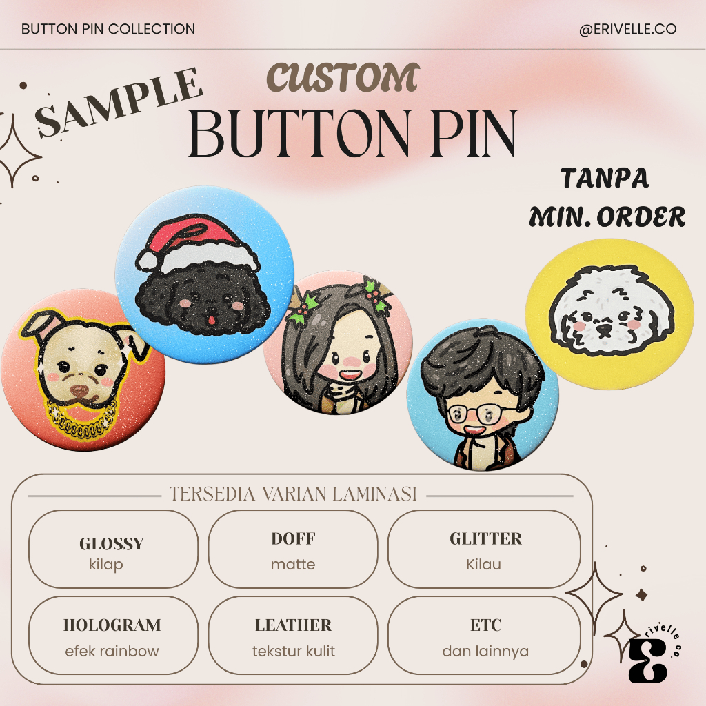Erivelle Co. – SAMPLE Button Pin Peniti Custom Desain Sendiri | Pin Nama, Foto, Logo Souvenir