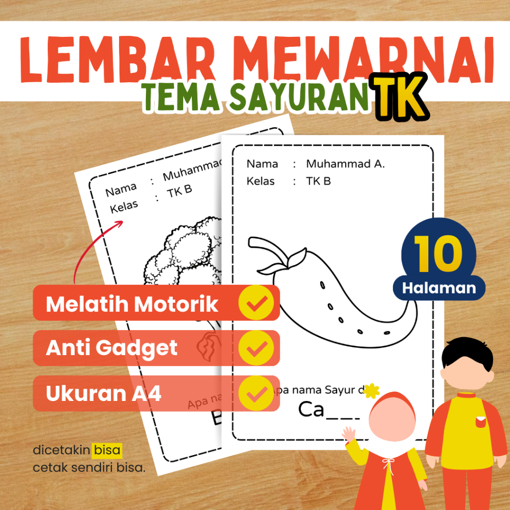 Lembar Mewarnai Anak TK PAUD Tema sayur Worksheet Anak 2,3,4,5,6 Tahun