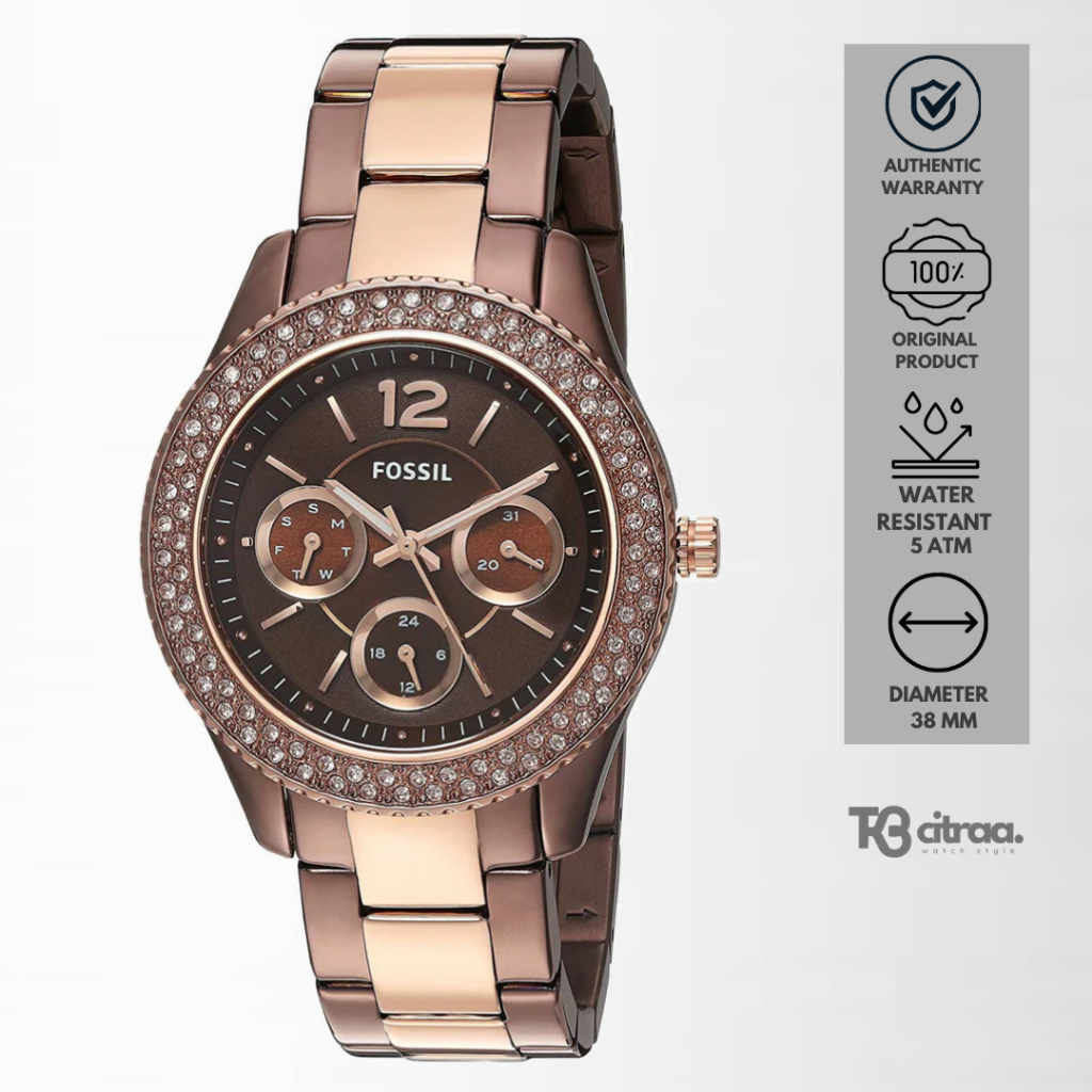 Jam Tangan Wanita Fossil Stella Chronograph Stainless Steel Mewah Original ES4079
