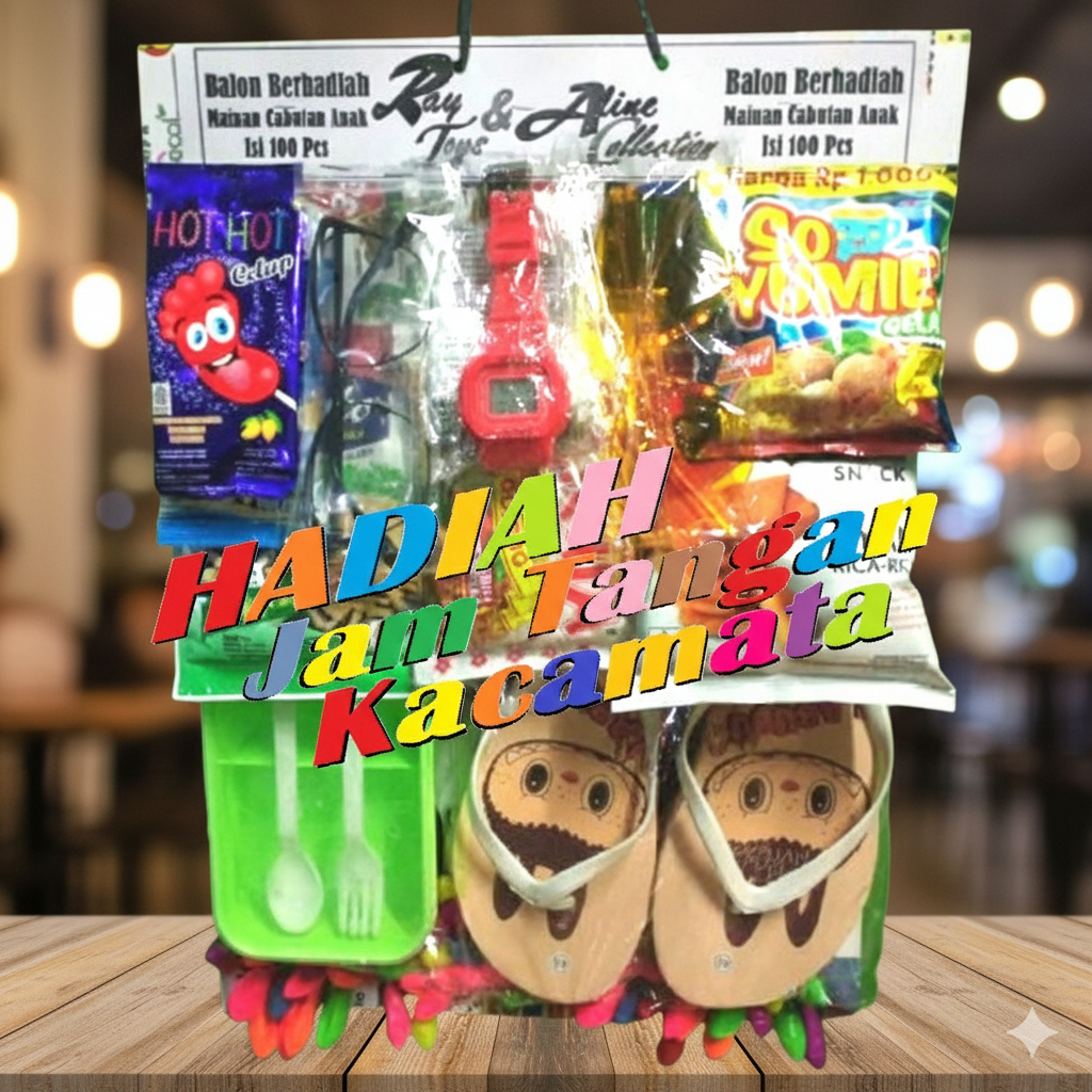 Pasangan Lotre Jajan Berhadiah Sandal Jam Kacamata Tempat Makan Isi 100 Balon