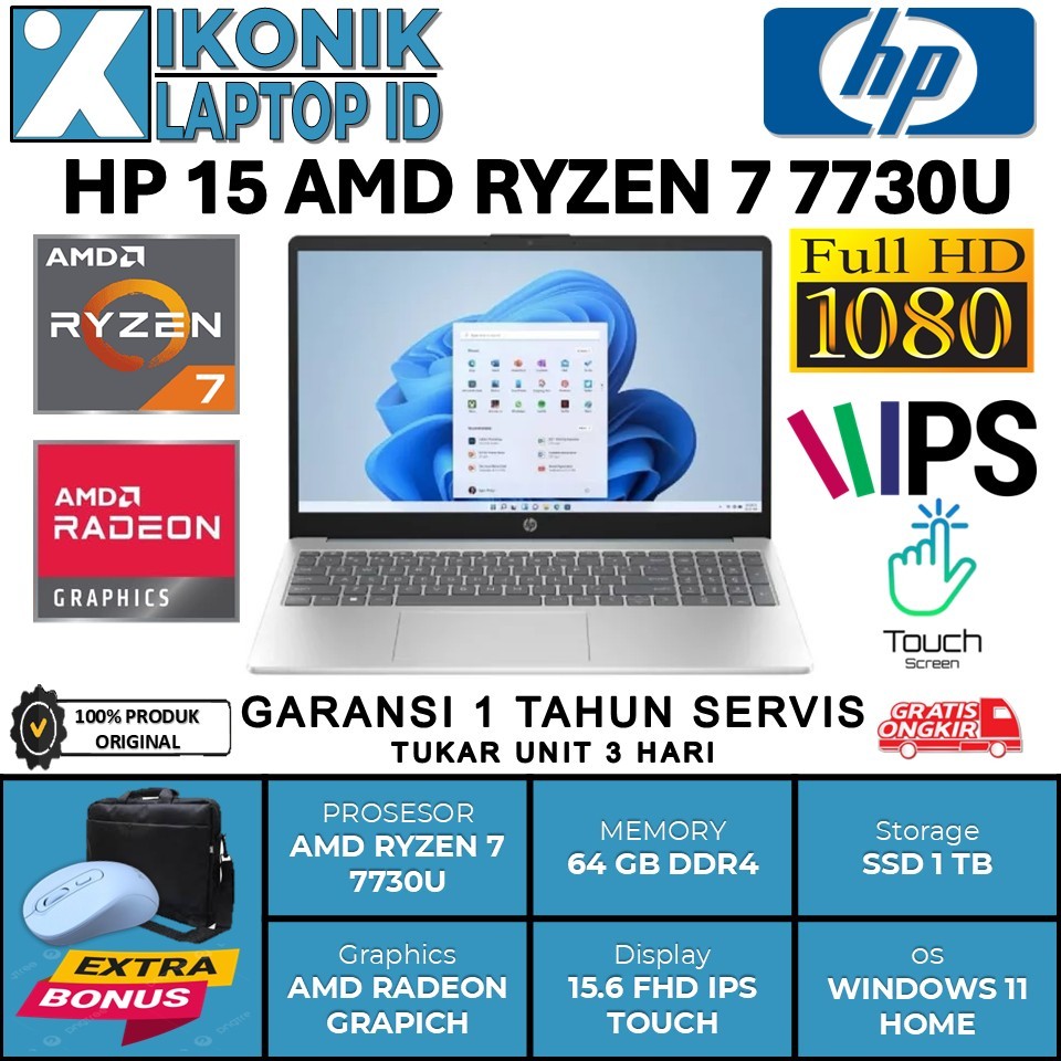 Laptop Touchscreen HP 15 Ryzen 7 7730U 64GB 1TB SSD 15" FHD IPS Windows 11 Home