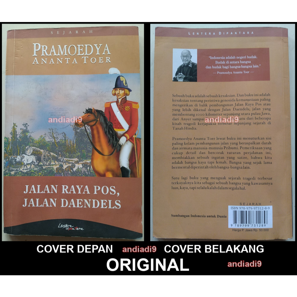 BUKU JALAN RAYA POS, JALAN DAENDELS PRAMOEDYA ANANTA TOER ORIGINAL ASLI ADA BERCAK COVER DEPAN HURUF