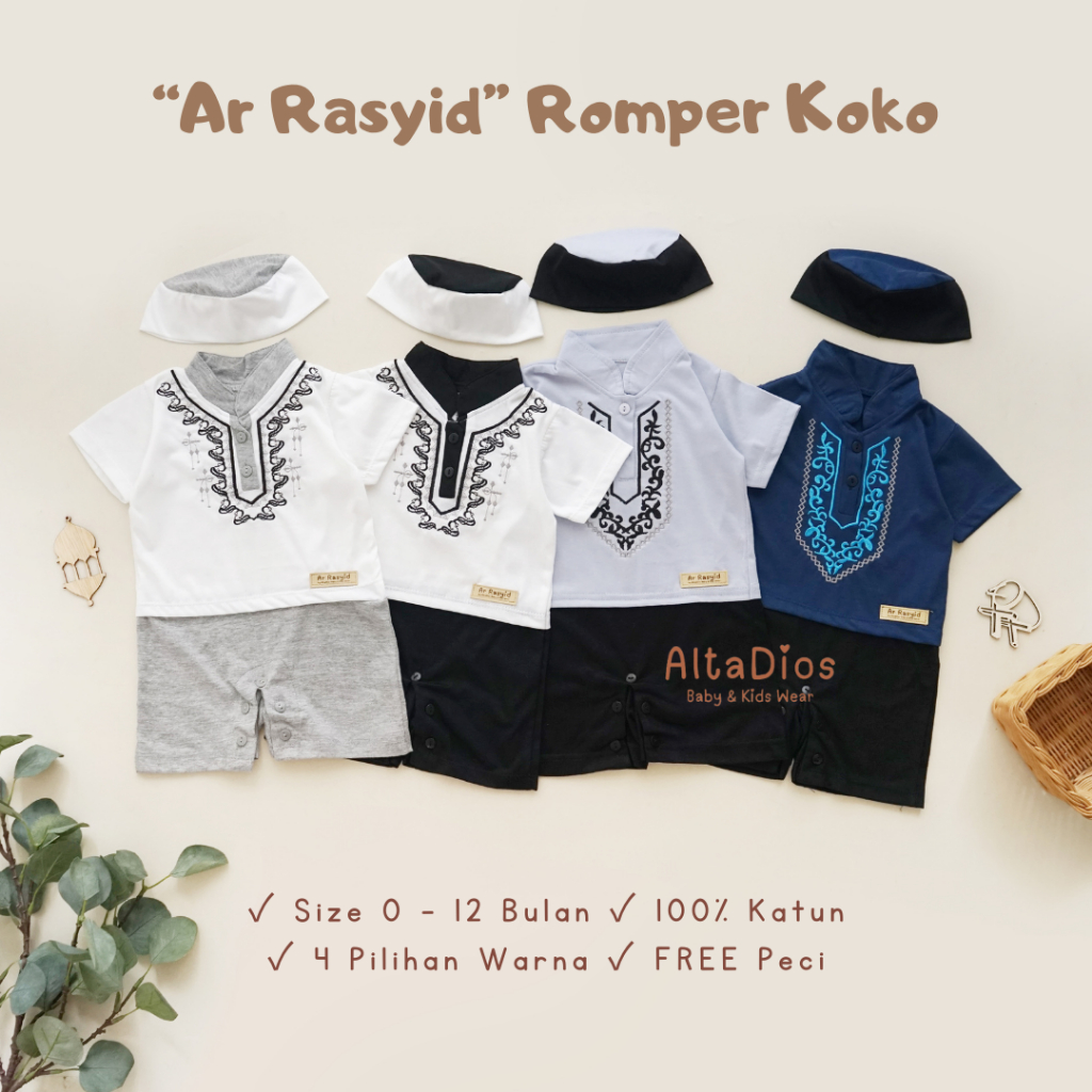 [Altadiosbaby] Kado AR RASYID Romper Koko Bayi Laki-laki Bordir + FREE Peci Premium | Baju Aqiqah Ba