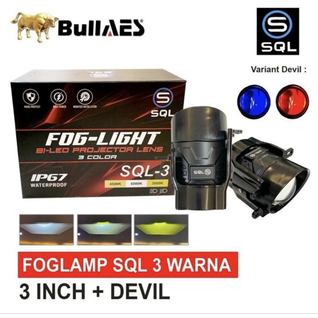 Foglamp 3 Warna Biled Projector SQL 3 Inch Devil Eye Bluelens IP67 Waterproof / Foglamp Biled Bullae