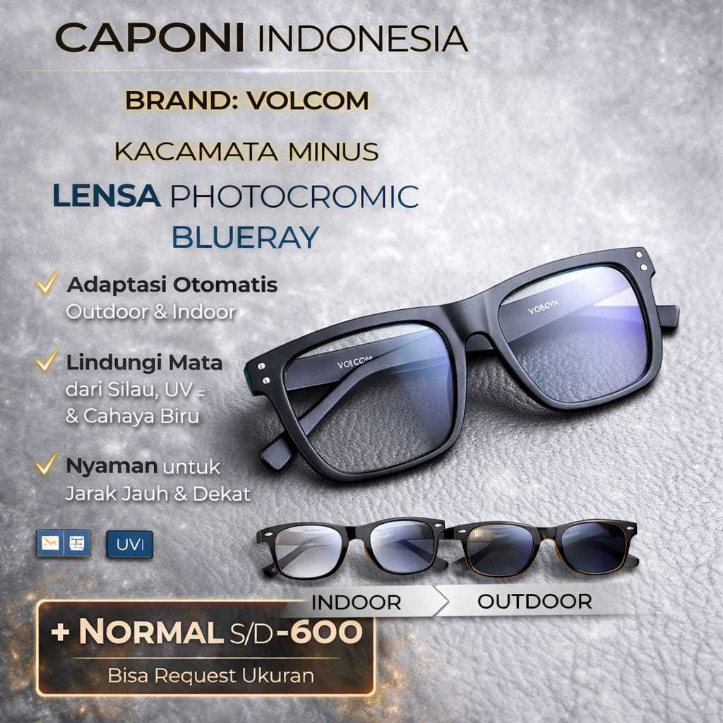 CAPONI Kacamata Minus Photocromic Pria VOLCOM Frame Retro Kotak Tebal Untuk Fashion Kaca Mata Cowok
