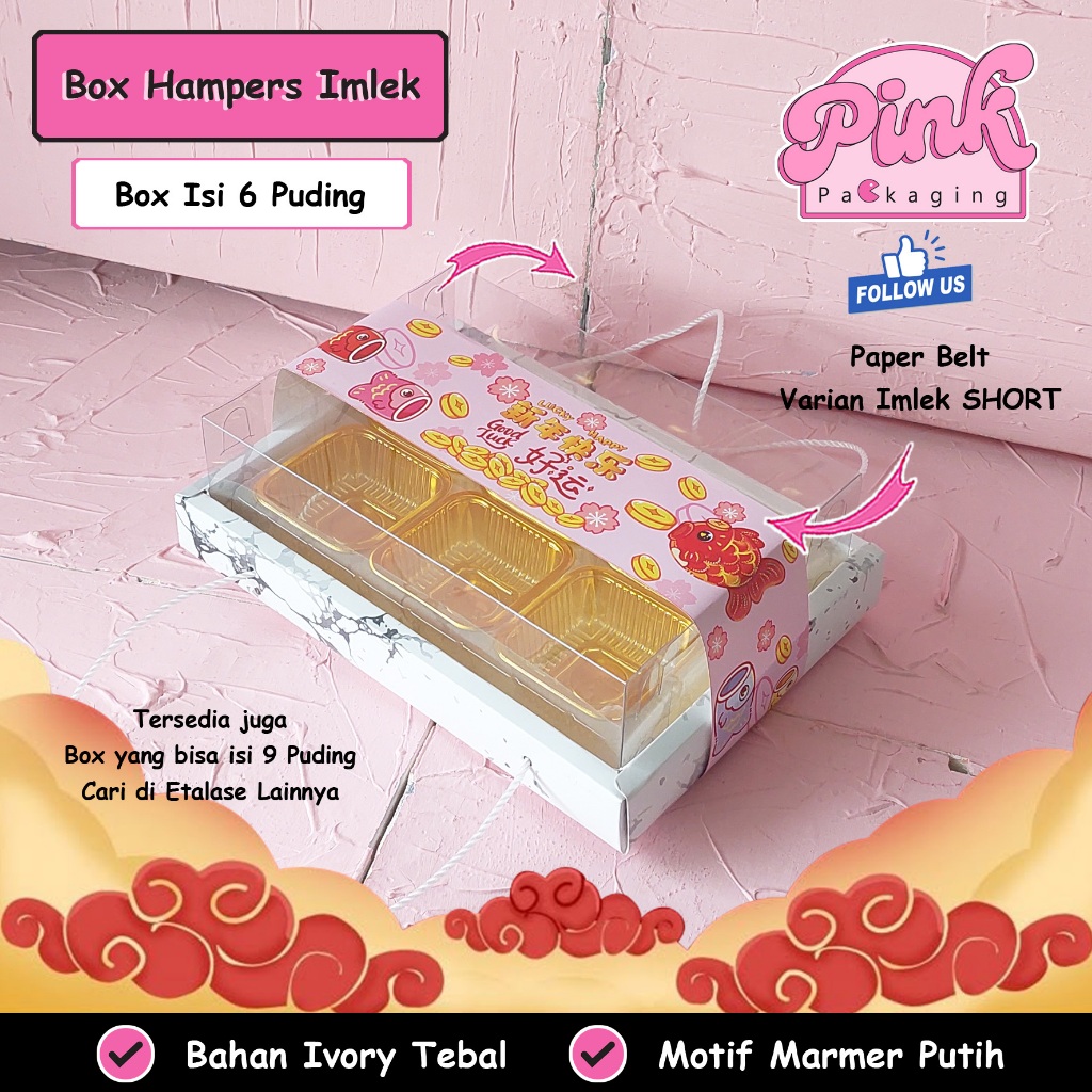 Box Hampers Mika Tali Motif Marmer Isi 6 Cup Puding / Dessert Box Natal / Idul Fitri / Imlek Mewah