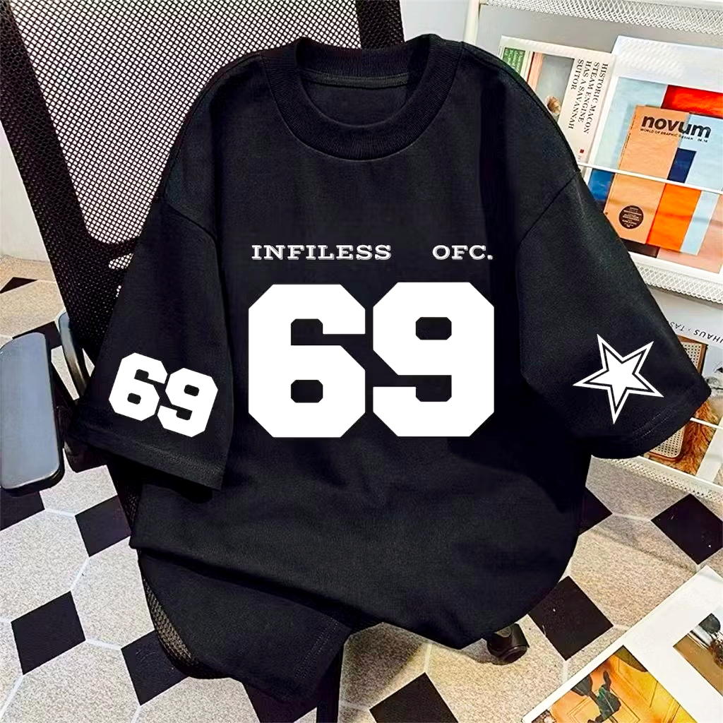 Kaos Katun Gaya Sporty - Kaos Hitam Loose Cetakan Nomor 69