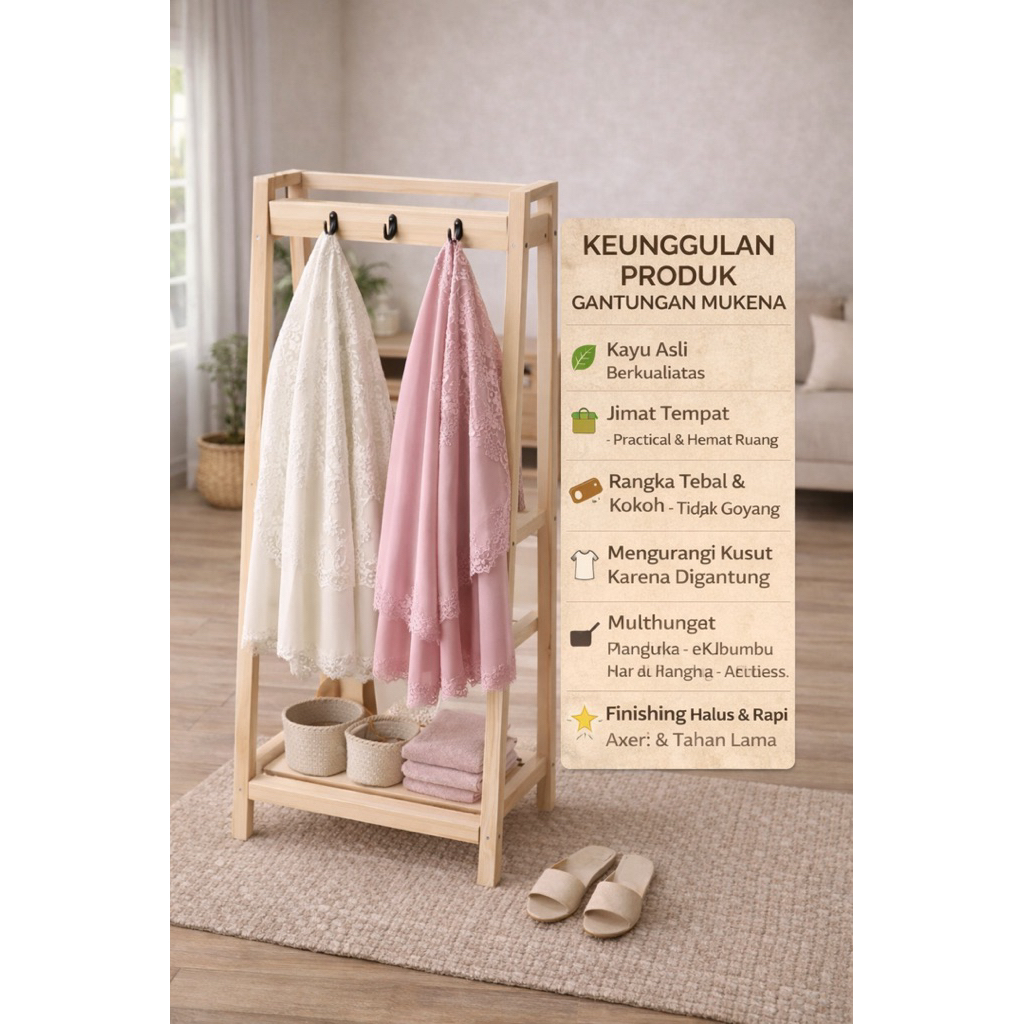 Gantungan Mukena Kayu Minimalis | Rak Mukena Berdiri Estetik Kokoh