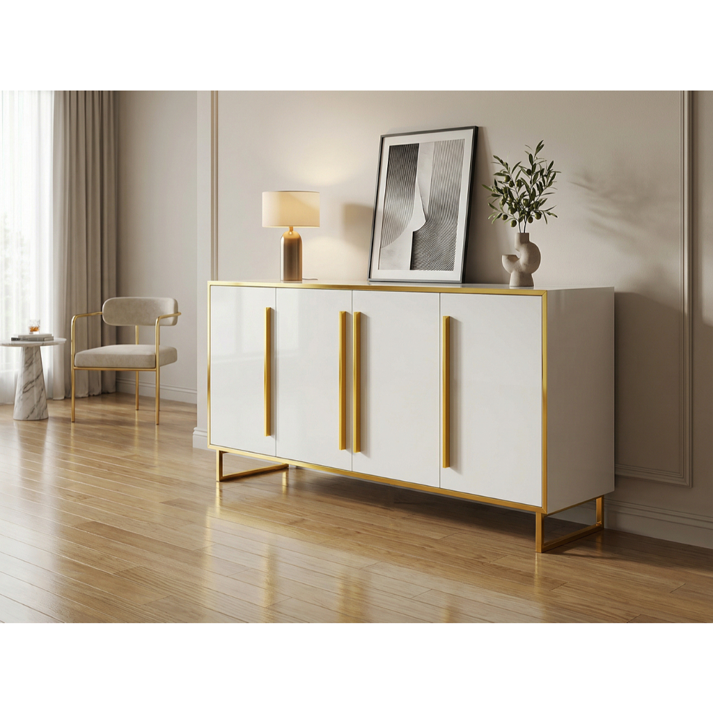 Bufet Sideboard Minimalis Modern 160cm Putih Gold 4 Pintu Lemari Hias Ruang Tamu Mewah