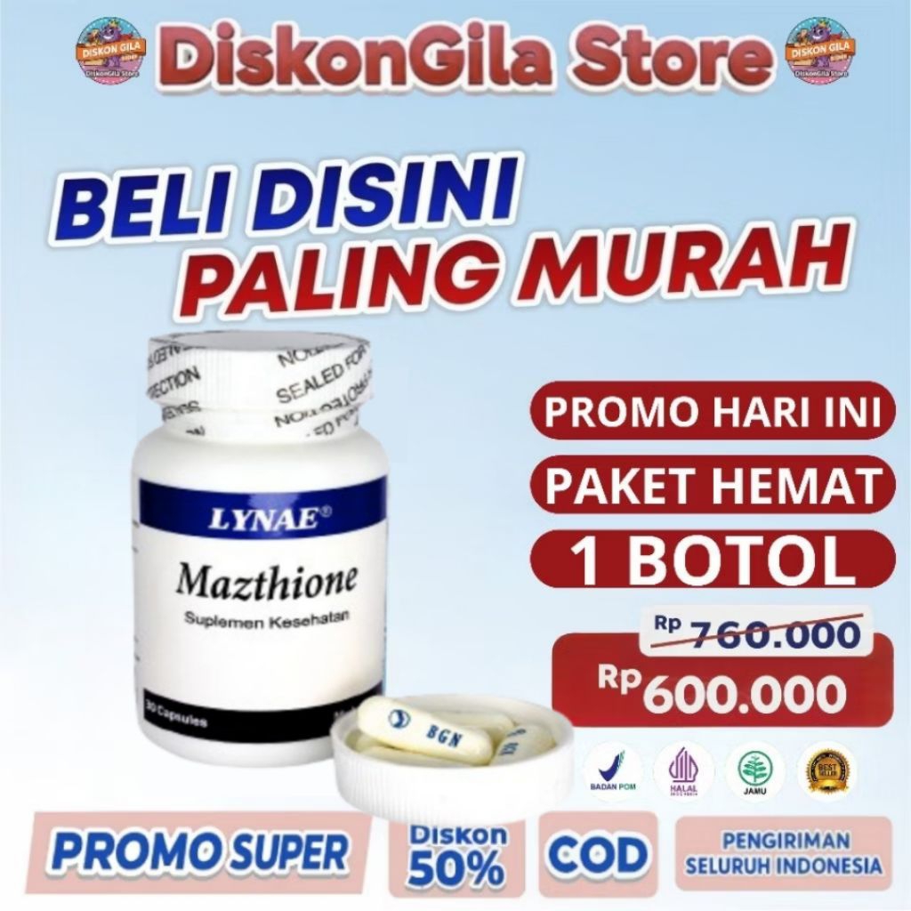Mazthione Lynae Glutathione Suplemen Pemutih Badan 60 Kapsul HAHAL Bpom