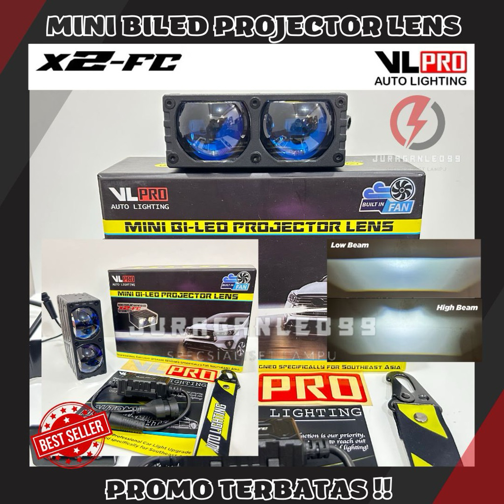 Mini projie Sinar Biled VLPRO X2-FC Flat Cut off Blue Lens Lampu tembak Headlight Hi Low 12V Putih