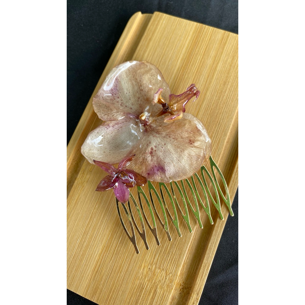 Hairpin-tusukkonde-sirkam-bunga anggrek asli-sirkam metal warna emas-seni resin-buatan tangan