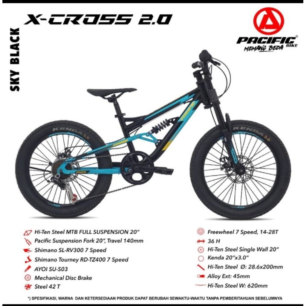 SEPEDA MTB 20 INCH PACIFIC XCROSS X CROSS 2.0 TERBARU BAN 3.0 JUMBO