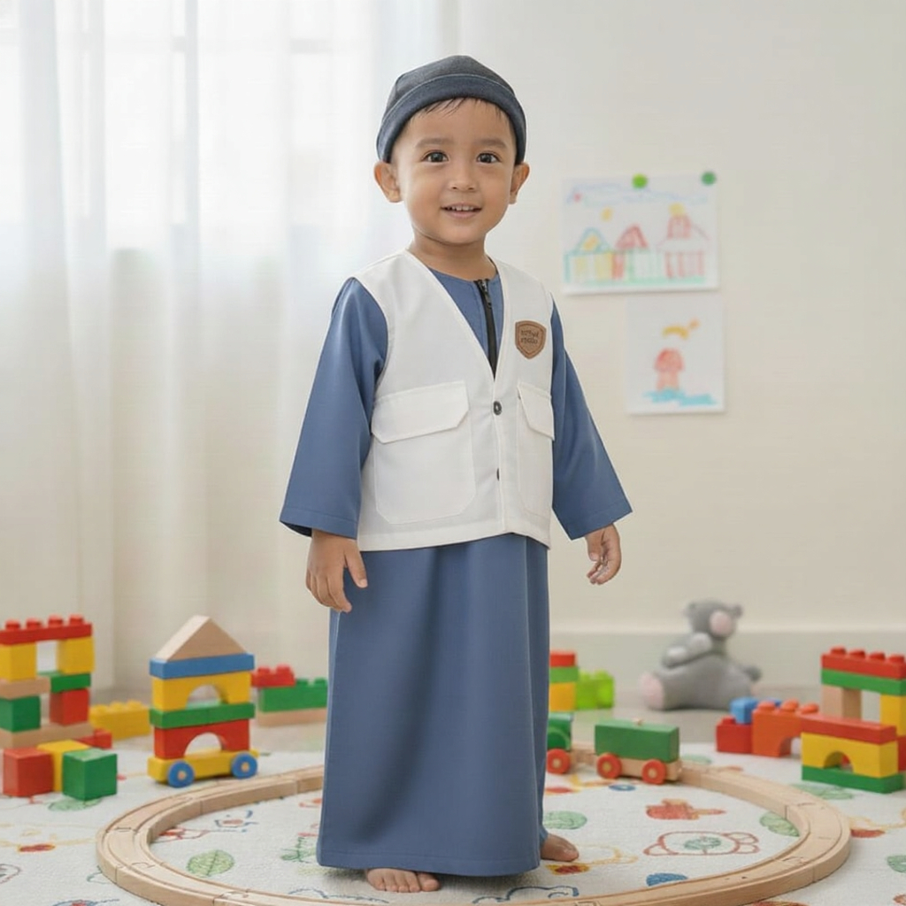 (EGSUS) KOKO JUBAH ANAK LENGAN PANJANG - JUBAH GAMIS ANAK ROMPI Denim Putih