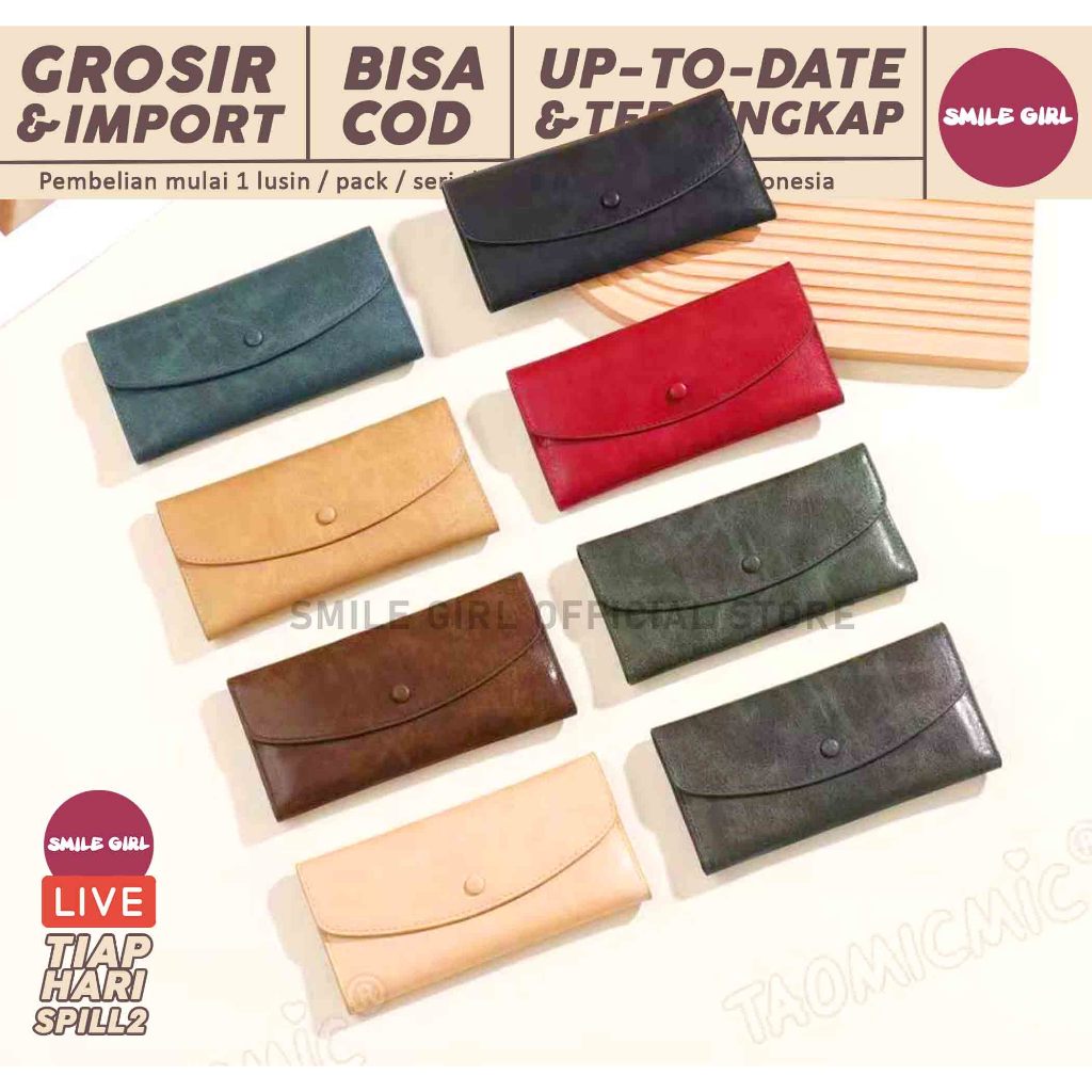 SG | PUSAT GROSIR | 8 PCS - Dompet Panjang Wanita Model Kancing Taomicmic Mutlipouch Sekat Kartu Ban