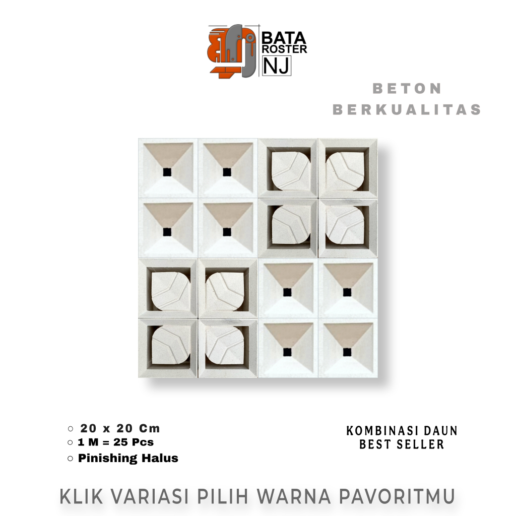 BATA ROSTER NJ - Roster Beton Minimalis - Kombinasi Daun, Ukuran 20 x 20 | Loster Putih | Ventilasi 