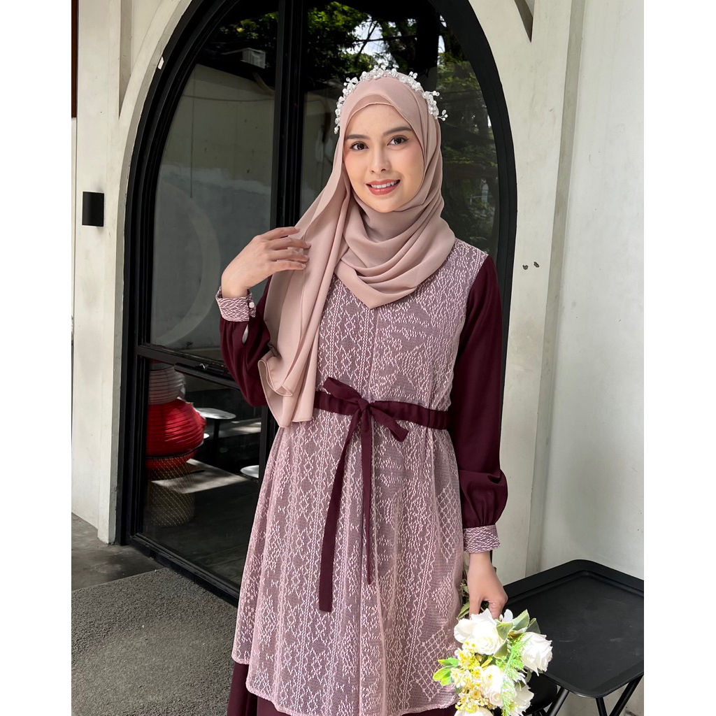 Elmiza - Leoni Dress Bahan Premium Safeena Platinum Mix Brukat Dress Muslimah Terbaru Lebaran Kondangan Adem Elegan Mewah-6